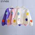 EVNISI Korean Fashion Pink Strawberry Sweaters for Women Winter Long Sleeve Knitted Woman Cardigan Single Breasted Short Coat. 