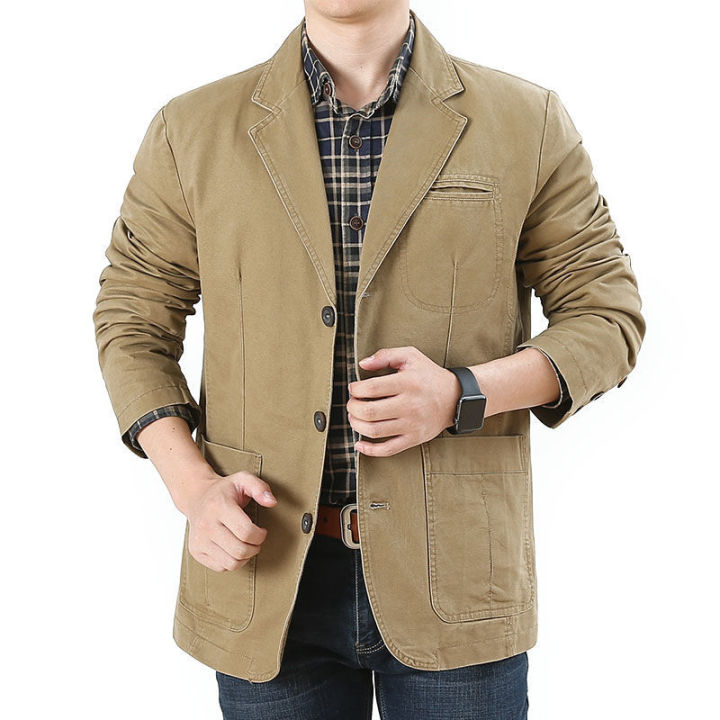 Men's Cotton Suit Jacket Multi-Pocket Work Pants Leisure Suit Middle-Aged Loose plus Size Spring and Autumn Fat Jacket for Men