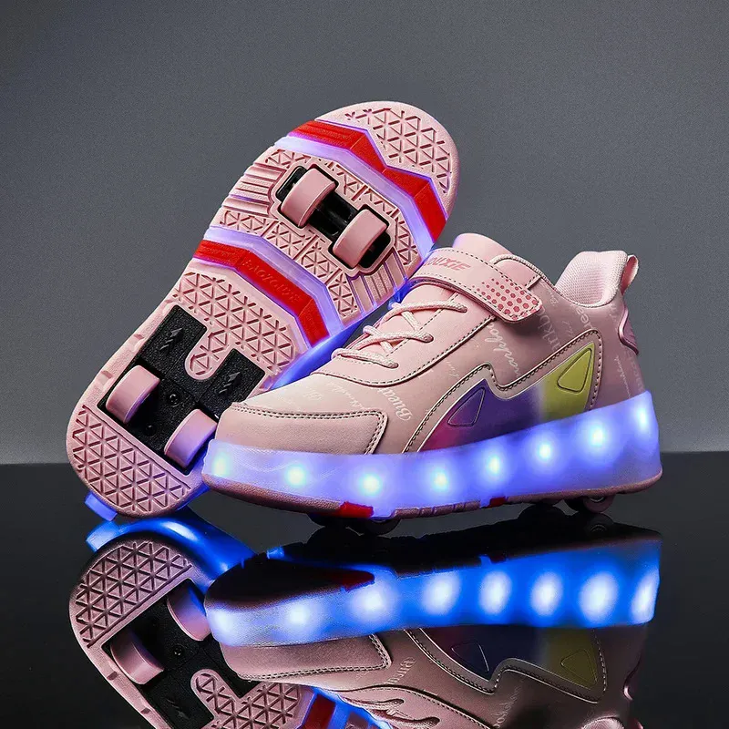 Children Four Wheels Luminous Glowing Sneakers Black Pink Led