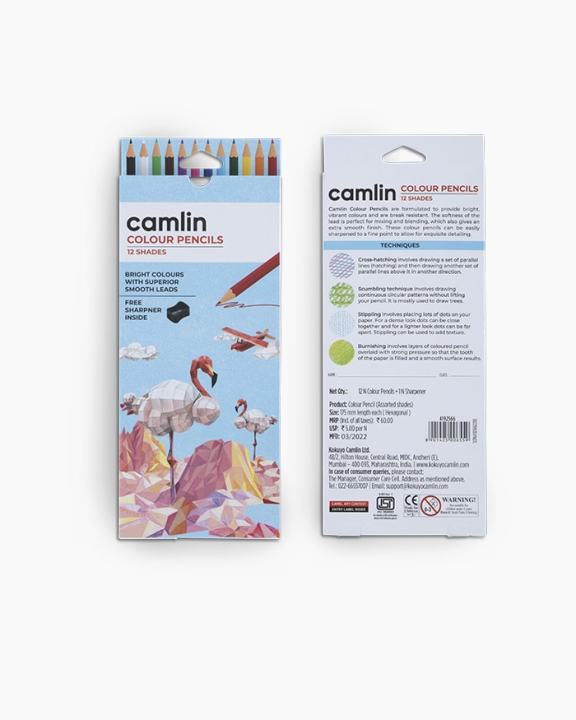 Camlin Colour Pencils 12 shades with Sharpener, Full size Assorted pack