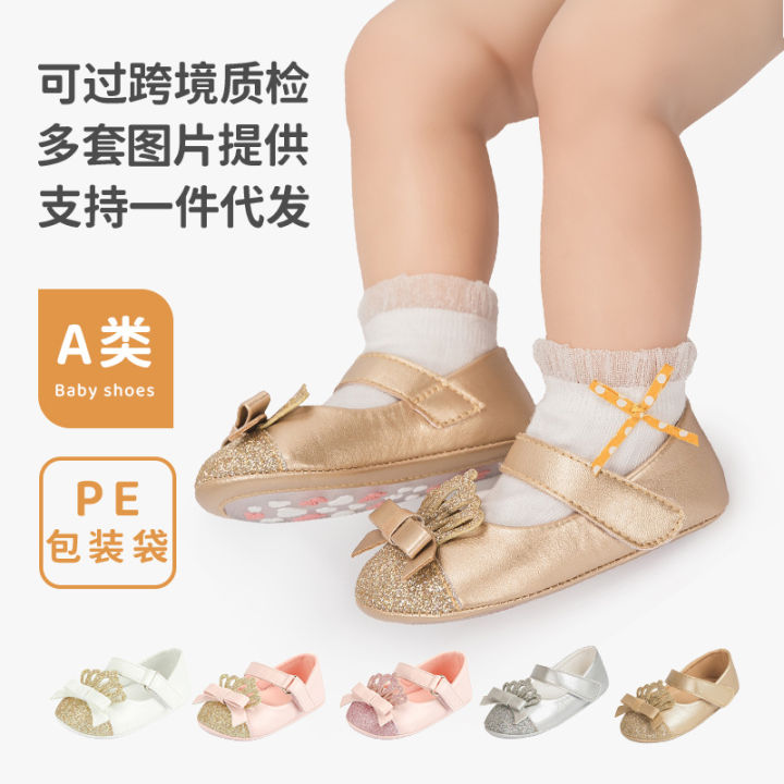 Cross-border new fashion sequins crown princess shoes ladies children's shoes anti-slip soft soled toddler shoes baby shoes baby