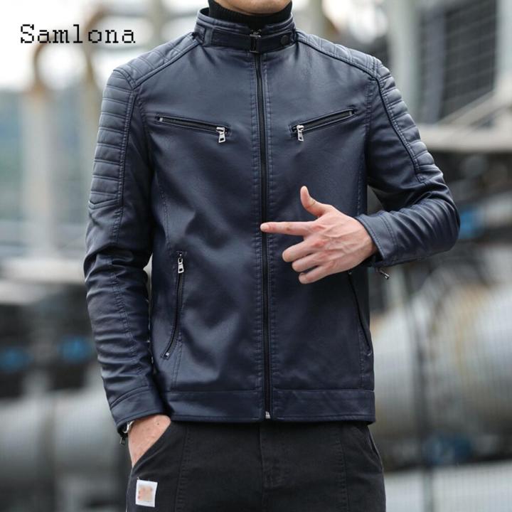 Samlona Plus Size Mens Pu Leather Jackets 2022 European Style Fashion Jacket Biker Faux Leather Coats Red Blue Zipper Overcoats
