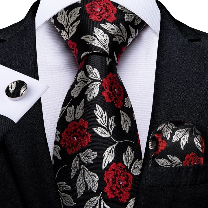 Black Red Rose Floral Ties For Men 8cm Men's Silk Neck Tie Handkerchief Cufflinks Set Business Wedding Tie Gift For Men DiBanGu