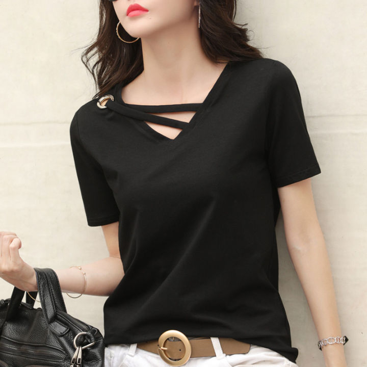 Women's Short Sleeve 2022 New Summer Solid Color T Women's T-shirt V Collar Loose Korean Style Hollow Top Casual ins T-shirt Fashion