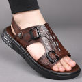 New men's summer sandals, men's cowhide beach shoes, casual men's shoes, crocodile print platform soles, dual-purpose breathable non-slip slippers.