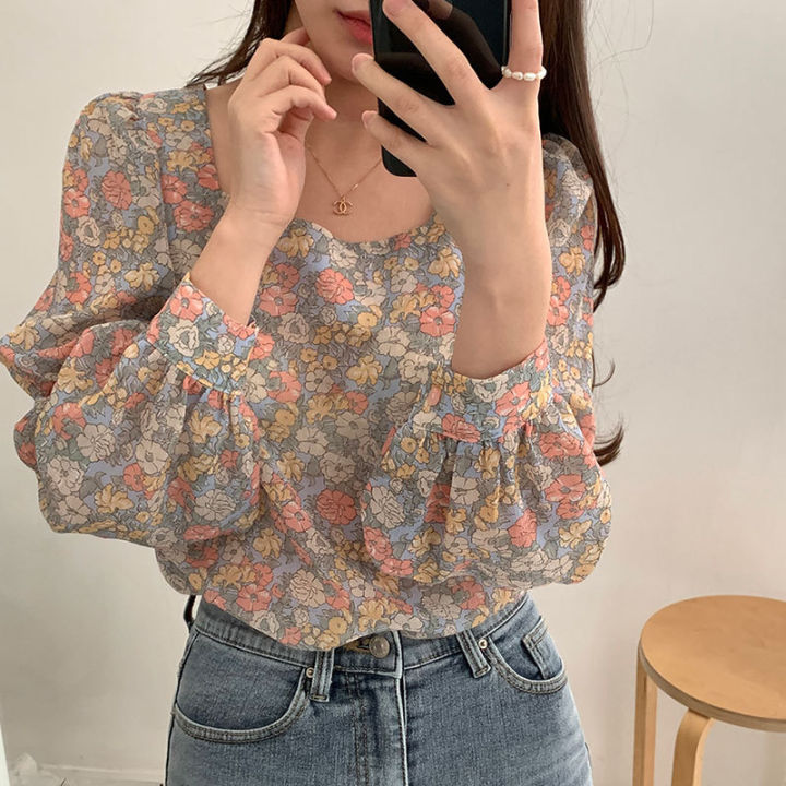 South Korea chic Vigorous Girl Autumn Cute Youth-Looking Floral Vintage  Square Collar Long Sleeve Shirt Loose Chiffon Top