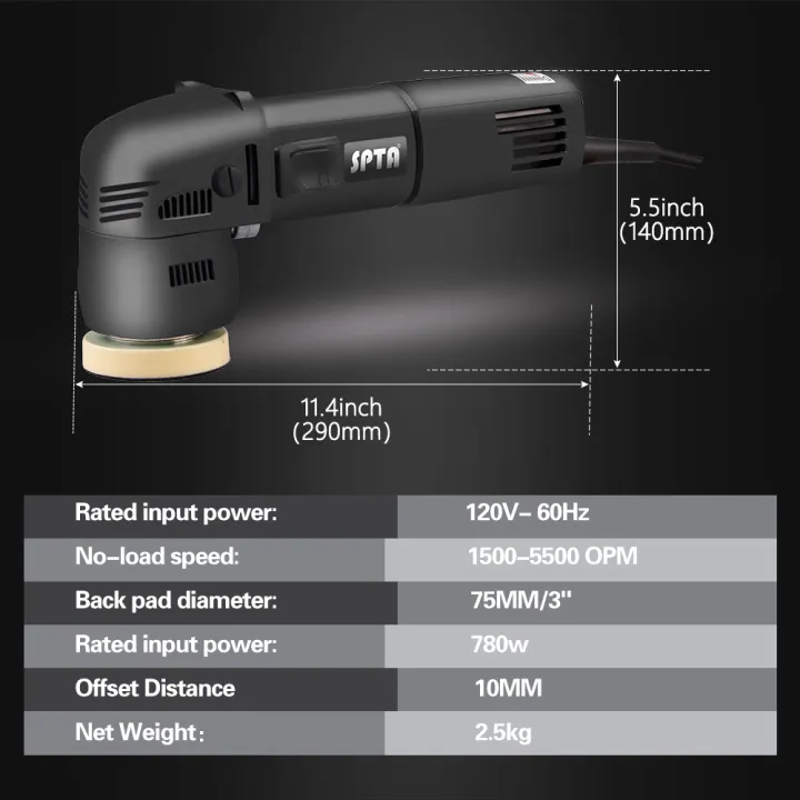 SPTA%203"%2075mm%20Electric%20Mini%20Car%20Polisher%20780W%20Random%20Orbit%20Dual%20Action%20Polishing%20Waxing%20Machine%20with%20Sponge%20Buffing%20Pads%20-%20Image%204