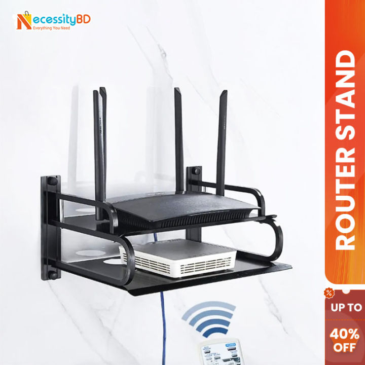 Router Stand 2-Layer Wall Mount WiFi Router Stand – Metal Shelf for TV Box & Remotes