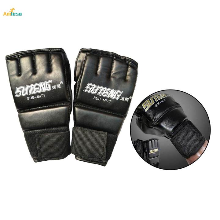 MMA Half Finger Boxing Fight Gloves Mitt Training Gloves for Adults Black 2