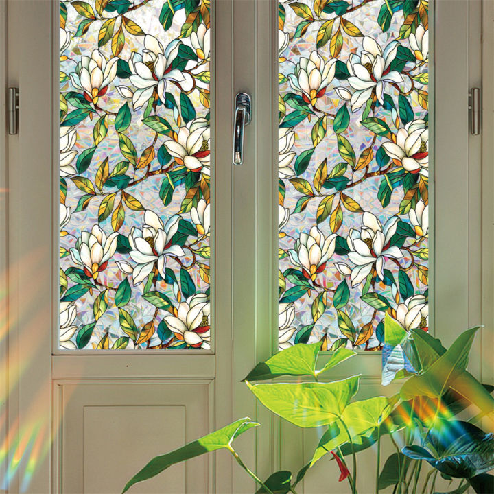 GC Static Cling Decorative Window Film, Vivid Plant Flower Stained Glass Window Decals Sticker Non-Adhesive, Sunscreen Window Clings For Living Room Kitchen