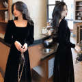 Square collar mid to length long sleeved velvet dress for women in autumn winter Korean version new slim fit and slimming design sense. 
