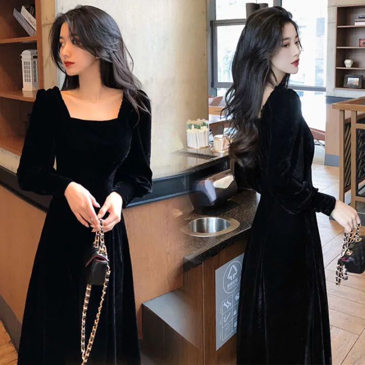 Square%20collar%20mid%20to%20length%20long%20sleeved%20velvet%20dress%20for%20women%20in%20autumn%20winter%20Korean%20version%20new%20slim%20fit%20and%20slimming%20design%20sense%20-%20Image%202