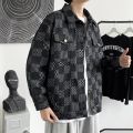 Korean Style Men Graphic Jean Jacket Mens Fashion Checkerboard Plaid Denim Jacket Spring and Autumn Loose crago Jackets. 