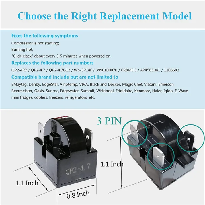 3X%20Part%203%20Pin%20QP2-4.7/%20QP2-4R7%204.7%20Ohm%20Refrigerator%20PTC%20Start/%20Relay%20for%20Most%20Mini%20Fridges%20and%20Coolers%20-%20Image%202