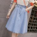 Spring Denim Skirt Women plus Size High Waist Anti-ExposureaElastic Waist Mid-Length Pleated Skirt FatMMOutfit.