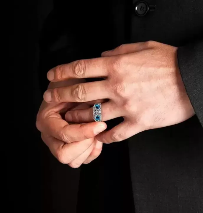 Blue%20Demon%20Eyes%20Owl/Ullu%20Bird%20Face%20Design%20Thumb%20Finger%20Ring%20Stainless%20Steel%20Silver%20Plated%20Ring%20-%20Image%203