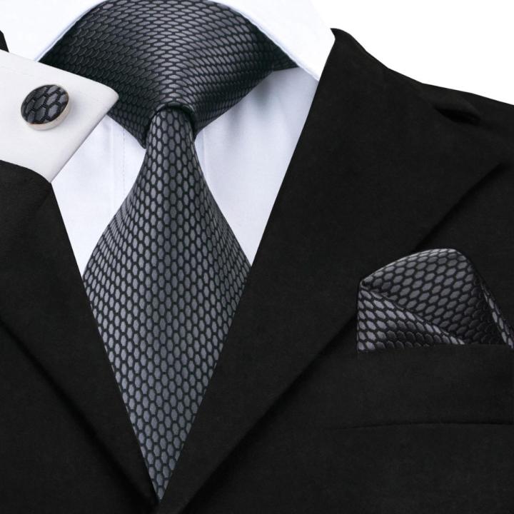 Hi-Tie New Clasic Grey Tie for Men Silk Fabric Jacquard Woven Tie Hanky Cufflinks Set for Men Designer Fashion Silk Ties SN-1466