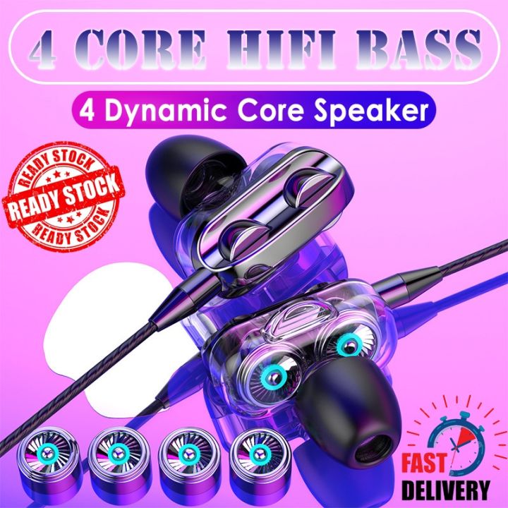 【Ready Stock+FREE Shipping+COD】 4D In-Ear Earbuds 9D Stereo Hifi Dual Driver Quad Core Earphone Sports Headset 3.5mm Wired Earpods Earphones Fon Telinga