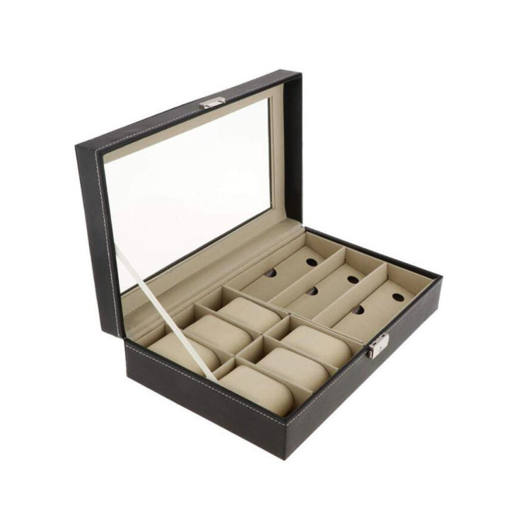 All Season Dual-Function Watch and Sunglasses Display Case – Premium PU Leather Organizer for Men's Accessories (6 Slots + 3 Compartments)