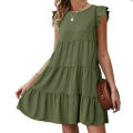 Women's Dress Solid Color Round Neck Short Sleeve Casual Cake Skirt Pleated Large Swing Skirt. 