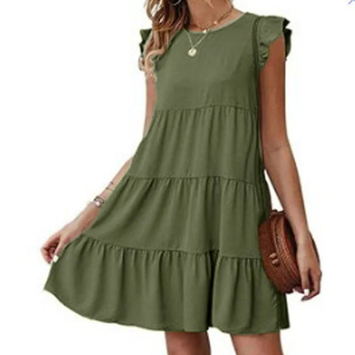 Women's%20Dress%20Solid%20Color%20Round%20Neck%20Short%20Sleeve%20Casual%20Cake%20Skirt%20Pleated%20Large%20Swing%20Skirt%20-%20Image%204