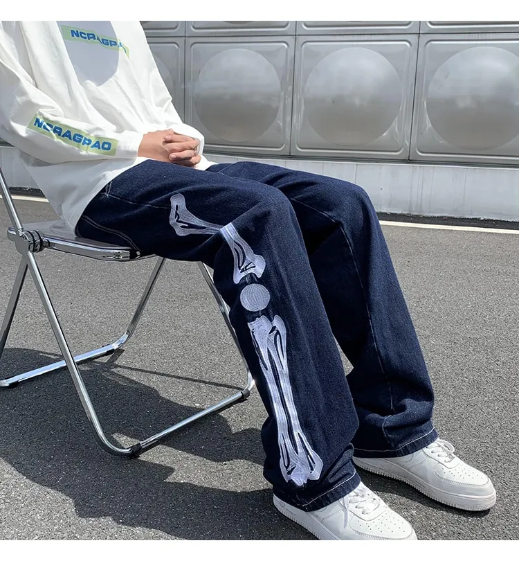 Jeans Men Skeleton Baggy Casual Jean Pants Mens Japan Style Streetwear Wide  Leg Denim Trousers Male Vintage Blue Denim Pants