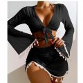 2023New Europe and America Cross Border Conservative Swimwear Women's Solid Color Tassel Mesh Outerwear Short Skirt Four-Piece Bikini.