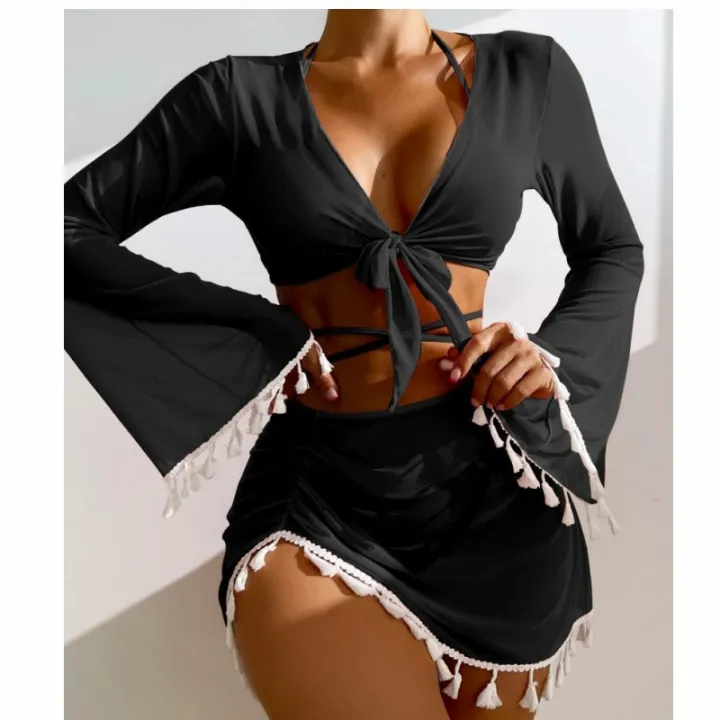 2023New%20Europe%20and%20America%20Cross%20Border%20Conservative%20Swimwear%20Women's%20Solid%20Color%20Tassel%20Mesh%20Outerwear%20Short%20Skirt%20Four-Piece%20Bikini%20-%20Image%204