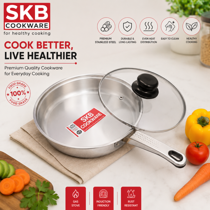 SKB SuS304 Food-grade Stainless Steel "Frying Pan with Glass Lid"
