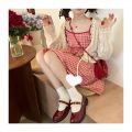 Korean Sweet and Lovely Girl S-8xl Plus Size Hollow Out Sun Protection Cardigan Strawberry Plaid Halting Dress Two-piece Set.
