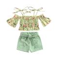 Two Piece Girl’s Clothes Set Fashion Printed Mid-sleeve T-shirt and Solid Color Short Pants with Belt. 