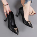 women's shoes Spring/Fall 2022 New medium heel black leather shoes professional high heels stiletto single shoes for women. 