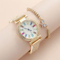New Fashion Luxury Color Graduated Diamond Temperament Large Dial Ladies Quartz Watch Set 2pcs/set. 