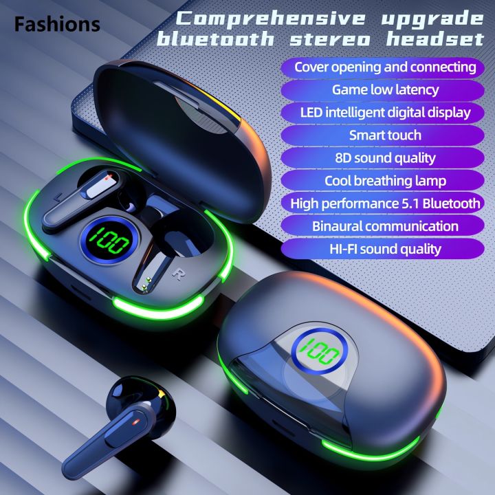 Fashions Wireless 5.3 Bluetooth Gaming Headset Low Latency Breathing Light Headphone with LED Power Display for iPhone Samsung Huawei