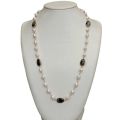 KKGEM 8x10mm natural White Rice freshwater Pearl Rosary Chain Faceted Pear labradorite Bezel Set sweater chain Wrap Necklace 28.