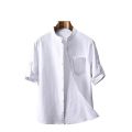 Cross-border new summer men's cotton and linen crepe solid color men's shirt Chinese style stand collar casual men's loose shirt. 