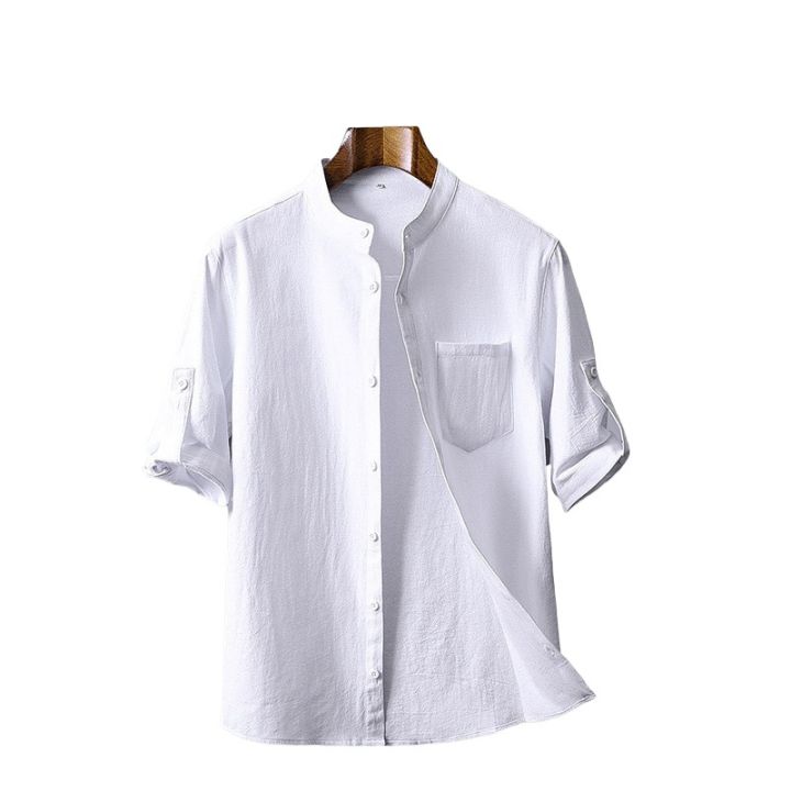 Cross-border%20new%20summer%20men's%20cotton%20and%20linen%20crepe%20solid%20color%20men's%20shirt%20Chinese%20style%20stand%20collar%20casual%20men's%20loose%20shirt%20-%20Image%202