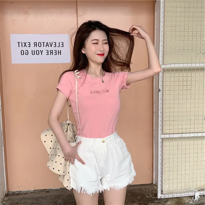 Letter%20embroidered%20top%202024%20Summer%20New%20Slim%20Bottoming%20Women's%20Clothing%20Korean%20Style%20Short%20Sleeve%20Fashion%20T%20Loose%20T-shirt%20-%20Image%206