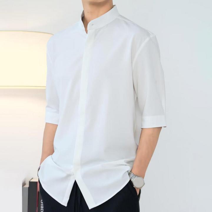 Slim%20Fit%20Stand%20Collar%20Shirt%20Men%20Solid%20Color%20Shirt%20Stylish%20Stand%20Collar%20Men's%20Shirt%20for%20Business%20Commute%20Office%20Slim%20Fit%20Half%20-%20Image%204