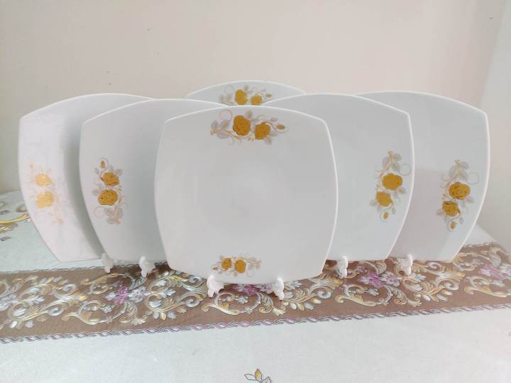 Square Dinner Plate 6 Pcs Set White With Flower Print. Ceramic Rice 