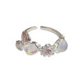 Heart-Shaped Moonstone Bow Ring Light Luxury Sweet Cute Girly Style Pink Diamond Cherry Blossom Heart-Shaped Ring.