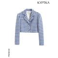KYPTKA Women Fashion Tweed Cropped Blazer Coat Vintage Long Sleeve Front Button Female Outerwear Chic Vestes Femmes. 