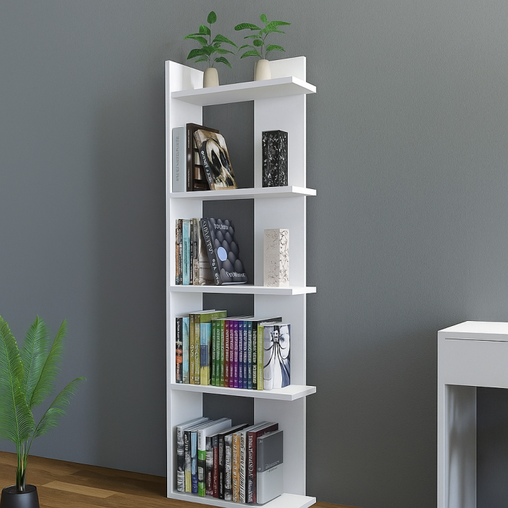 Modern 5-Tier Corner Bookshelf – Space-Saving White Wooden Display Rack for Living Room or Office