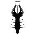 Womens Bodysuits Halter Neck Sleeveless Low Back Side Cut Out Wet Look Patent Leather Leotard Bodysuit One-piece Clubwear. 