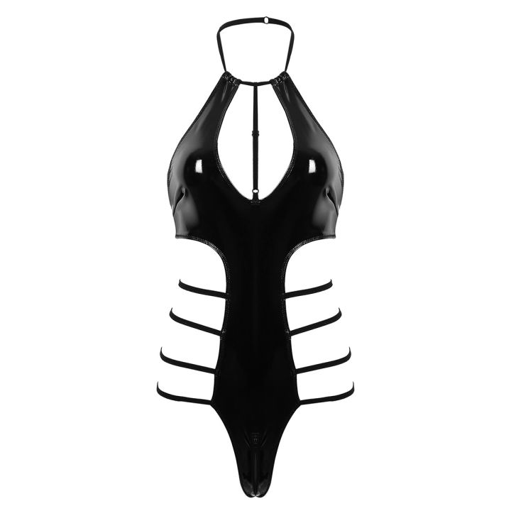 Womens%20Bodysuits%20Halter%20Neck%20Sleeveless%20Low%20Back%20Side%20Cut%20Out%20Wet%20Look%20Patent%20Leather%20Leotard%20Bodysuit%20One-piece%20Clubwear%20-%20Image%207