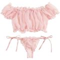 2PCS Off Shoulder Lace Up Bikini Set Women Sweet Casual Short Sleeve Swimsuits Beachwear Bathing Suits Lingerie.