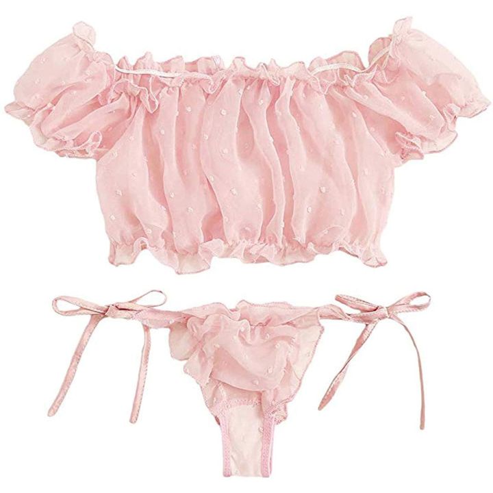 2PCS%20Off%20Shoulder%20Lace%20Up%20Bikini%20Set%20Women%20Sweet%20Casual%20Short%20Sleeve%20Swimsuits%20Beachwear%20Bathing%20Suits%20Lingerie%20-%20Image%203