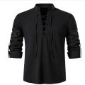 2022 New Men's V-neck shirt T-shirt Fashion Vintage Thin Long Sleeve Top men Casual Breathable Front Lace Up man Shirts.