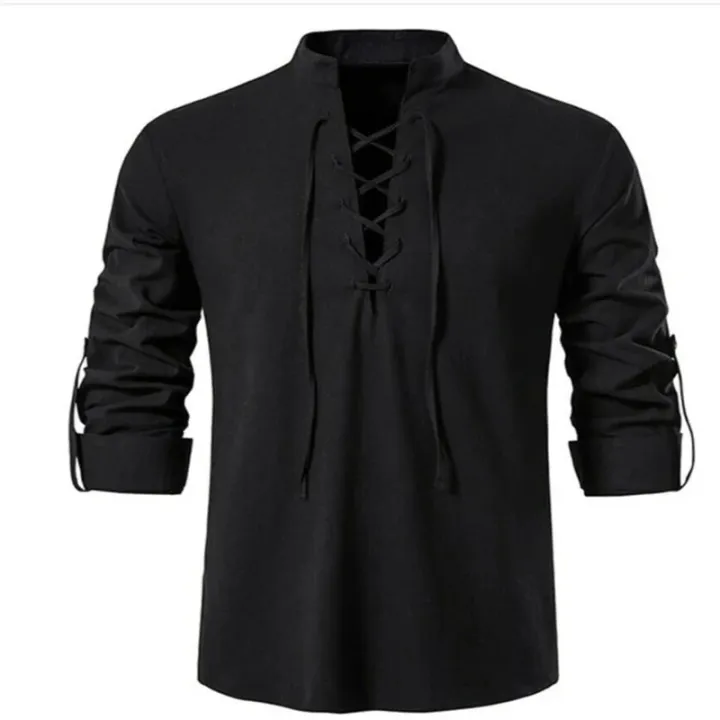 2022%20New%20Men's%20V-neck%20shirt%20T-shirt%20Fashion%20Vintage%20Thin%20Long%20Sleeve%20Top%20men%20Casual%20Breathable%20Front%20Lace%20Up%20man%20Shirts%20-%20Image%202