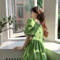 Bow Tie Square Collar Dress Women's Spring and Summer 2022 New Korean Style Avocado Green Waist Slimming A- line Dress. 